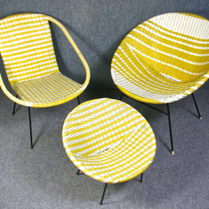 Three 1950s yellow and white plastic weave sun chairs