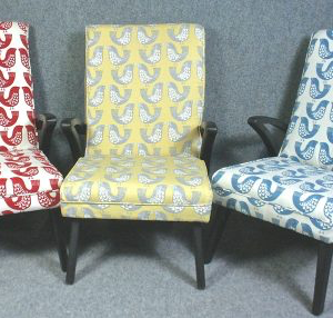 1950’s vintage ebonised armchairs in Scandi birds fabric by I-Liv SOLD