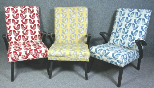 1950’s vintage ebonised armchairs in Scandi birds fabric by I-Liv SOLD