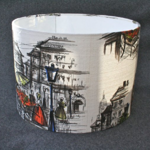 Handmade lampshade using vintage 1950's city scenes fabric.