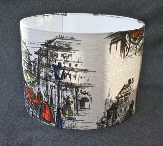 Handmade lampshade using vintage 1950's city scenes fabric.