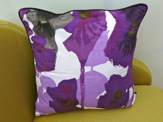 A vintage handmade piped cushion 'Pansies' fabric designed by Howard Carter for Heals rare 1960's fabric. - Image 2