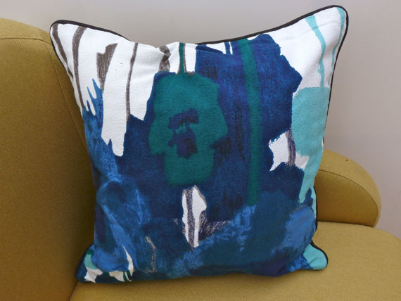 A vintage handmade piped cushion 'Pansies' fabric designed by Howard Carter for Heals rare 1960's fabric.