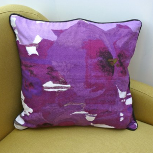 A vintage handmade piped cushion 'Pansies' fabric designed by Howard Carter for Heals rare 1960's fabric