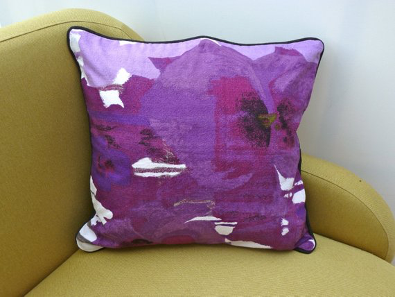 A vintage handmade piped cushion 'Pansies' fabric designed by Howard Carter for Heals rare 1960's fabric