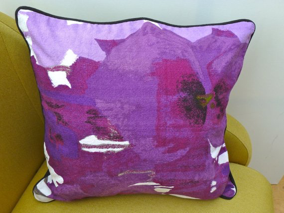 A vintage handmade piped cushion 'Pansies' fabric designed by Howard Carter for Heals rare 1960's fabric - Image 4