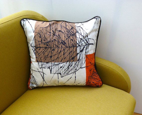 A vintage handmade piped cushion made with rare 1950's Lucienne Day Linden fabric