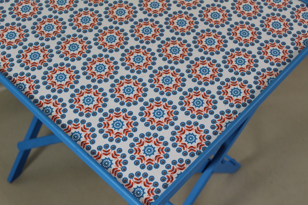 pair of up-cycled blue kitchen stools covered in Lisbonne Scandi style oilcloth - Image 3