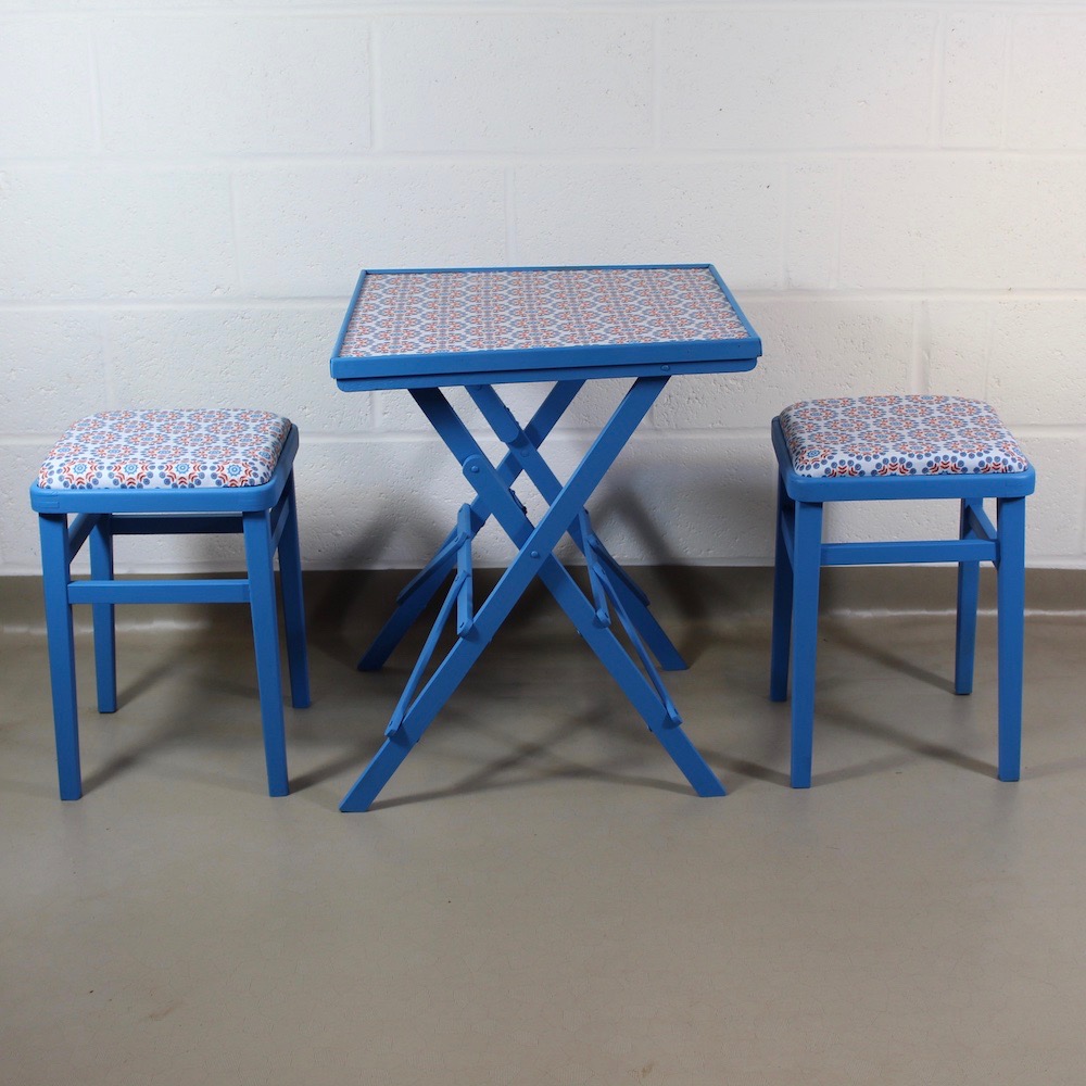 pair of up-cycled blue kitchen stools covered in Lisbonne Scandi style oilcloth - Image 2