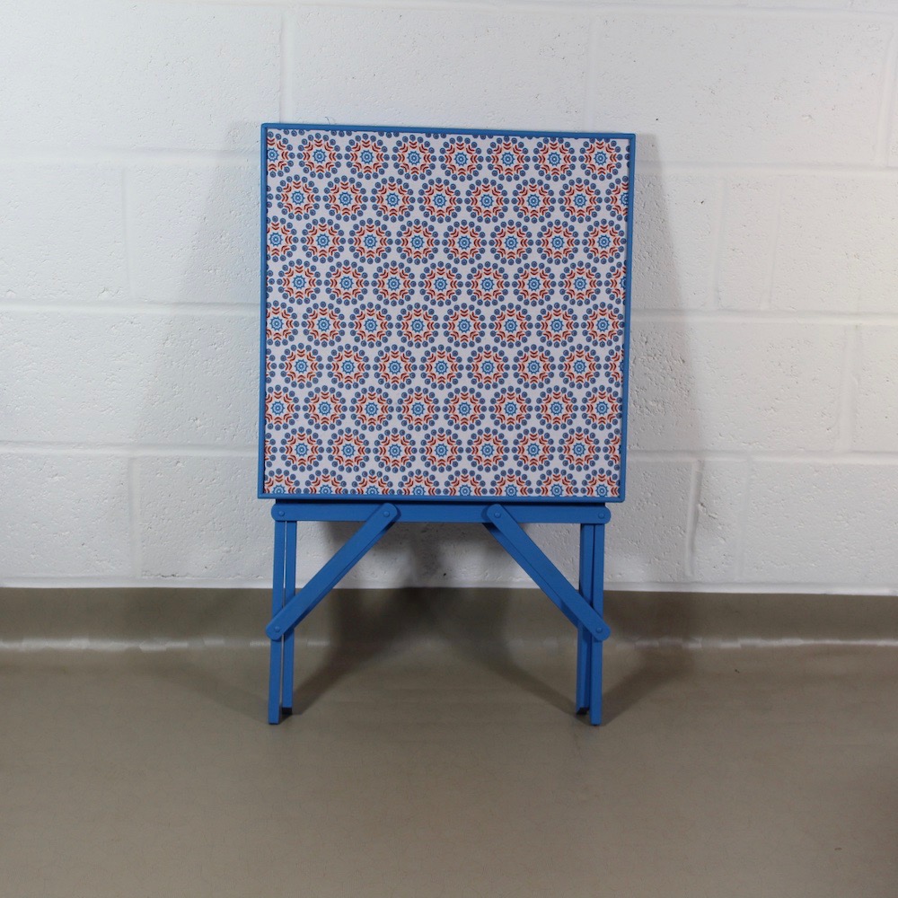 An up-cycled blue folding occasional table covered in Lisbonne Scandi style oilcloth - Image 4