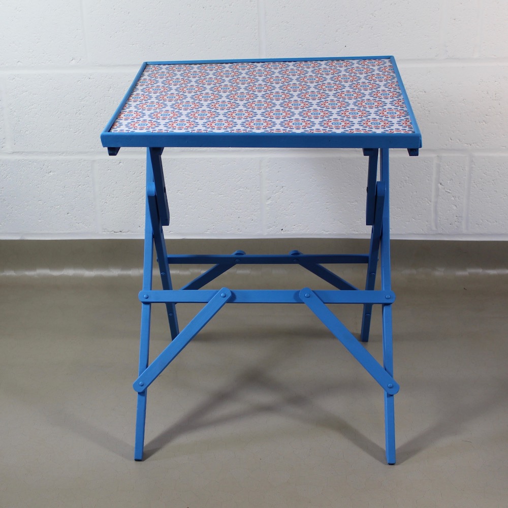 An up-cycled blue folding occasional table covered in Lisbonne Scandi style oilcloth - Image 2