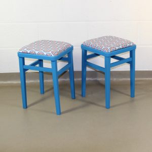 pair of up-cycled blue kitchen stools covered in Lisbonne Scandi style oilcloth