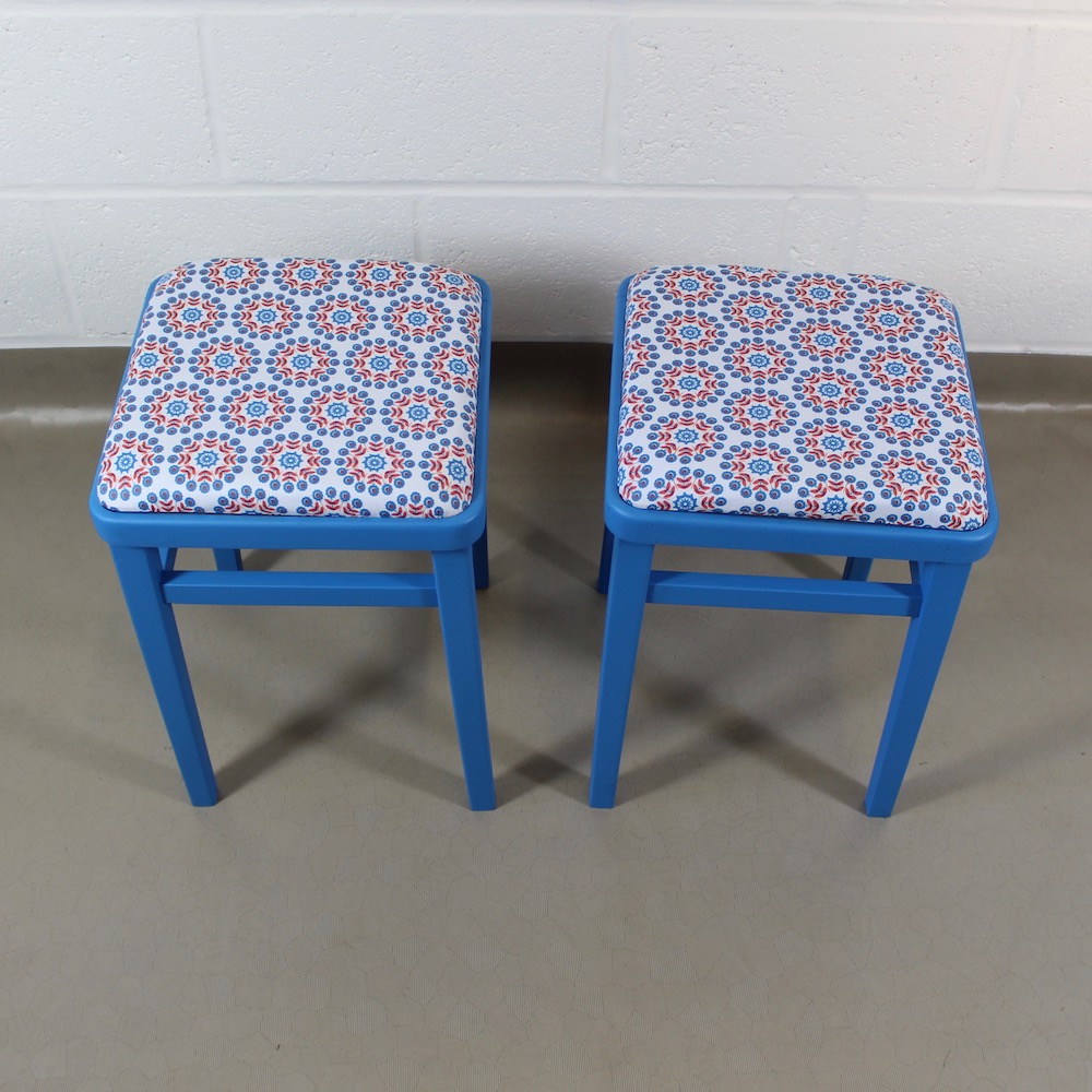 pair of up-cycled blue kitchen stools covered in Lisbonne Scandi style oilcloth - Image 4