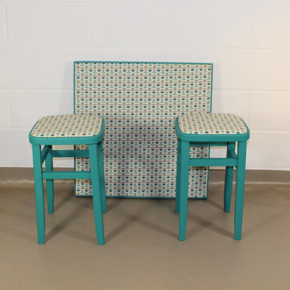 pair of up-cycled turquoise kitchen stools covered in Holly Scandi style oilcloth - Image 5