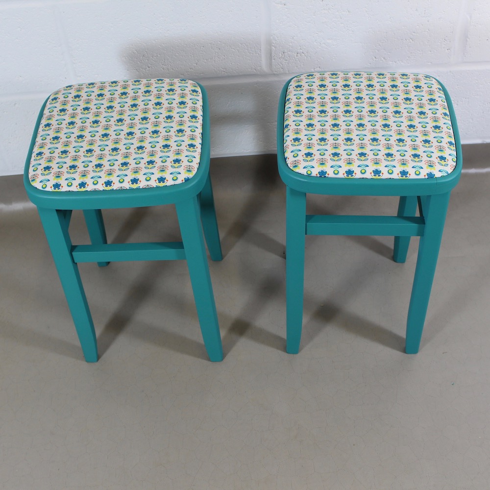 pair of up-cycled turquoise kitchen stools covered in Holly Scandi style oilcloth - Image 3