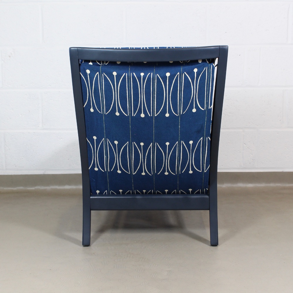 A rare 1950's upcycled blue E15 Cintique chair upholstered in Michael O'Connel 'Segment' fabric for Heals - Image 5