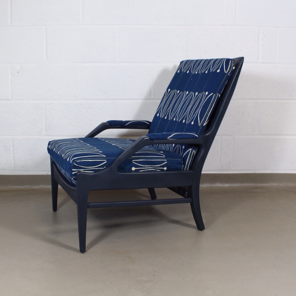 A rare 1950's upcycled blue E15 Cintique chair upholstered in Michael O'Connel 'Segment' fabric for Heals - Image 6
