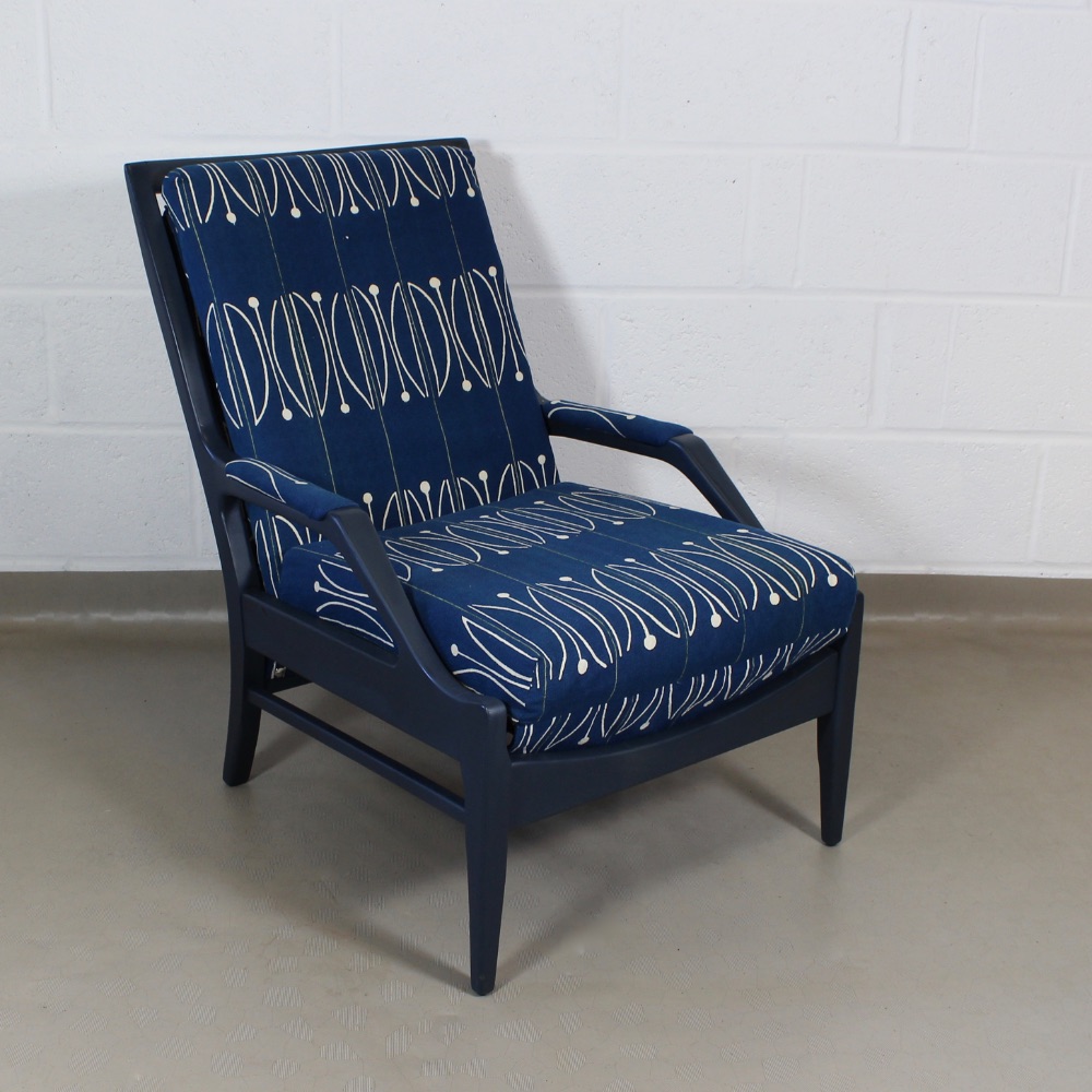 A rare 1950's upcycled blue E15 Cintique chair upholstered in Michael O'Connel 'Segment' fabric for Heals - Image 3