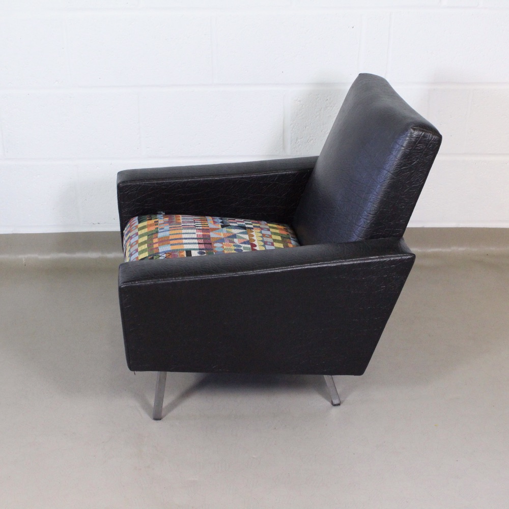 A 1960's black vinyl leather arm chair upholstered with Bauhaus fabric . - Image 3