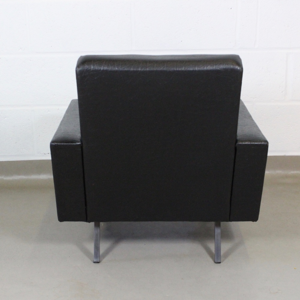 A 1960's black vinyl leather arm chair upholstered with Bauhaus fabric . - Image 4