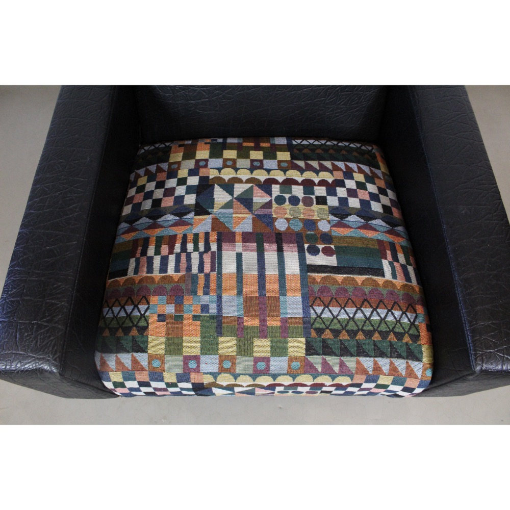 A 1960's black vinyl leather arm chair upholstered with Bauhaus fabric . - Image 2