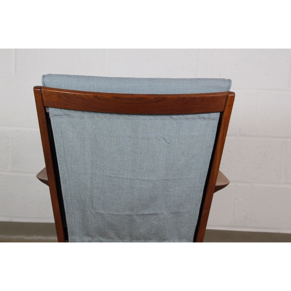 A 1950's Teak wingback chair with blue/ grey linen button back upholstery - Image 8