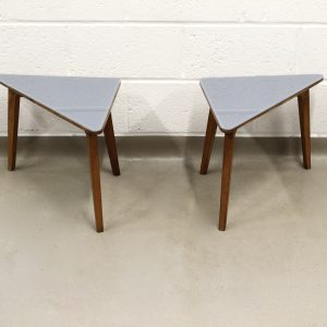 A pair of rare up-cycled triangular E Gomme (g-plan) Brandon side tables