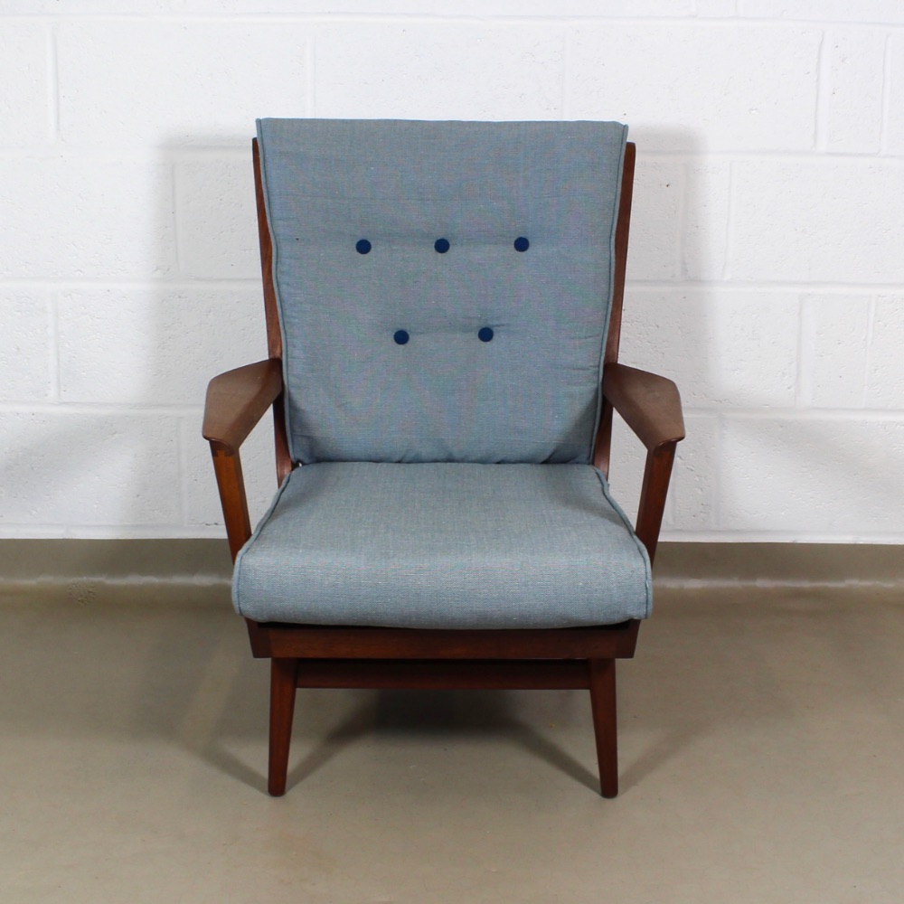 A 1950's Teak wingback chair with blue/ grey linen button back upholstery - Image 3