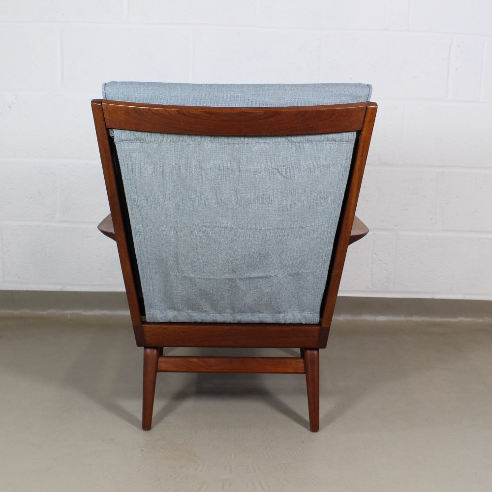 A 1950's Teak wingback chair with blue/ grey linen button back upholstery - Image 5