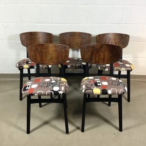 Five 1960's Remploy walnut and black chairs in Sandersons Festival inspired by Pebbles fabric, Jacqueline Groag.