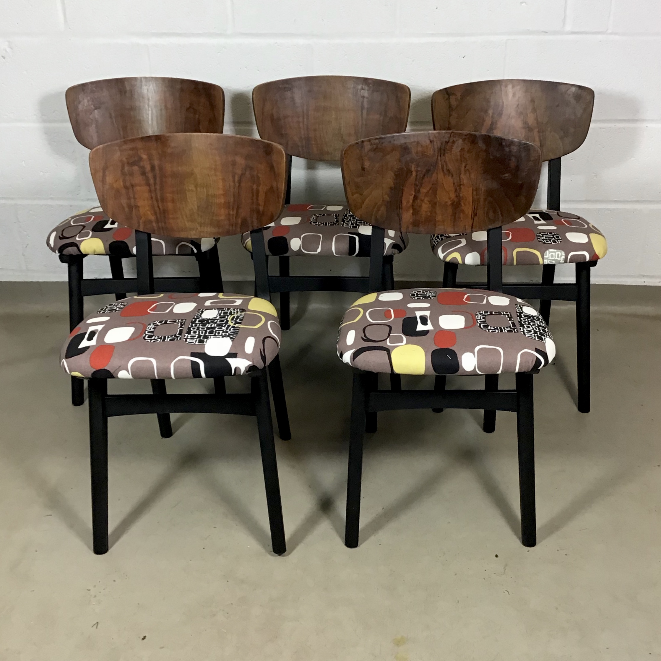 Five 1960's Remploy walnut and black chairs in Sandersons Festival inspired by Pebbles fabric, Jacqueline Groag. - Image 10