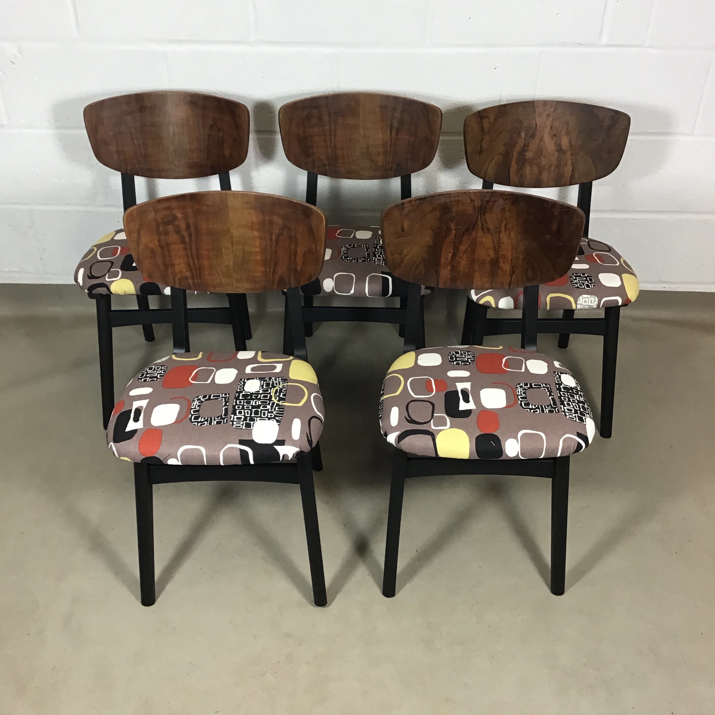 Five 1960's Remploy walnut and black chairs in Sandersons Festival inspired by Pebbles fabric, Jacqueline Groag. - Image 9
