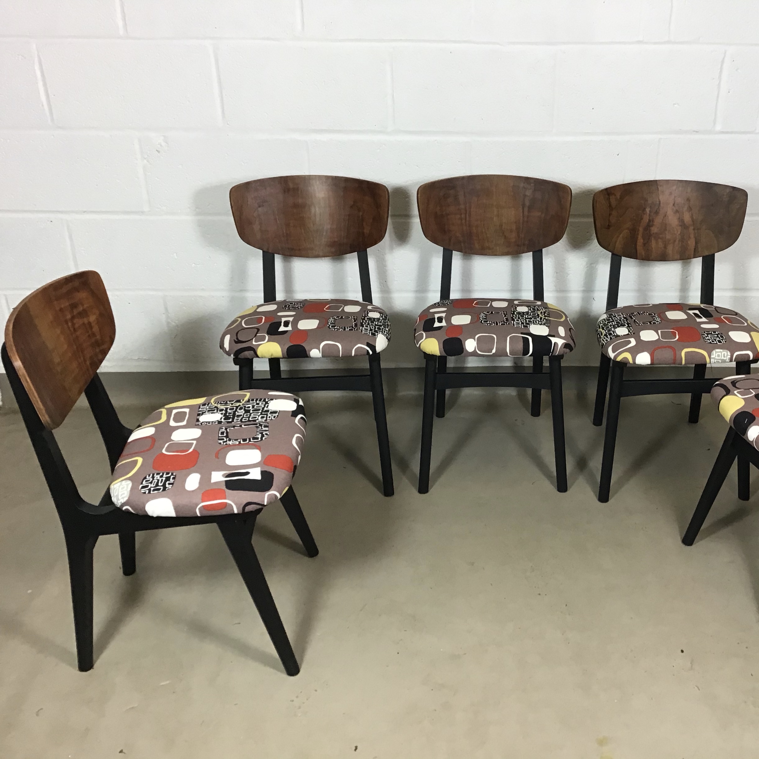 Five 1960's Remploy walnut and black chairs in Sandersons Festival inspired by Pebbles fabric, Jacqueline Groag. - Image 8