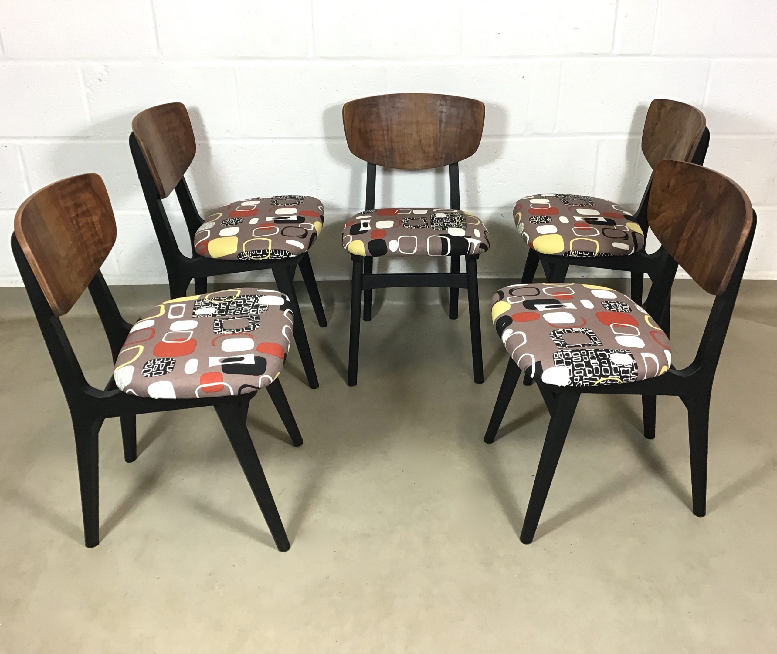 Five 1960's Remploy walnut and black chairs in Sandersons Festival inspired by Pebbles fabric, Jacqueline Groag. - Image 7