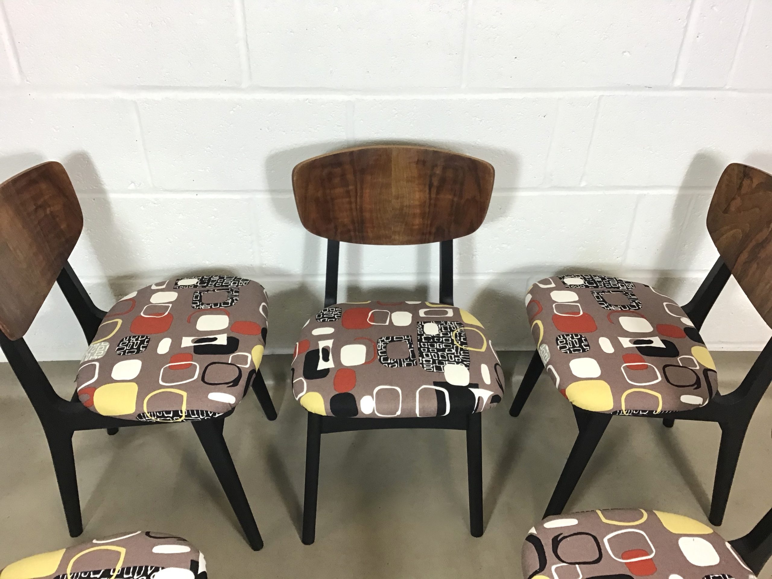 Five 1960's Remploy walnut and black chairs in Sandersons Festival inspired by Pebbles fabric, Jacqueline Groag. - Image 6