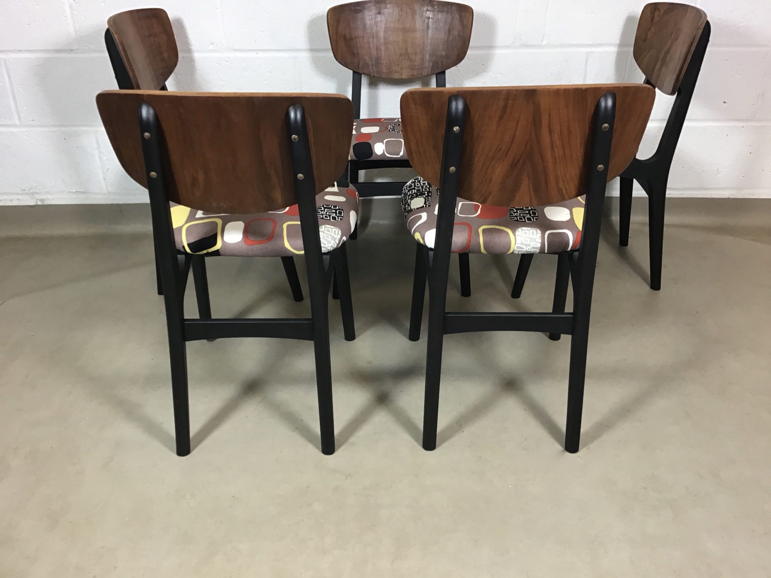 Five 1960's Remploy walnut and black chairs in Sandersons Festival inspired by Pebbles fabric, Jacqueline Groag. - Image 5