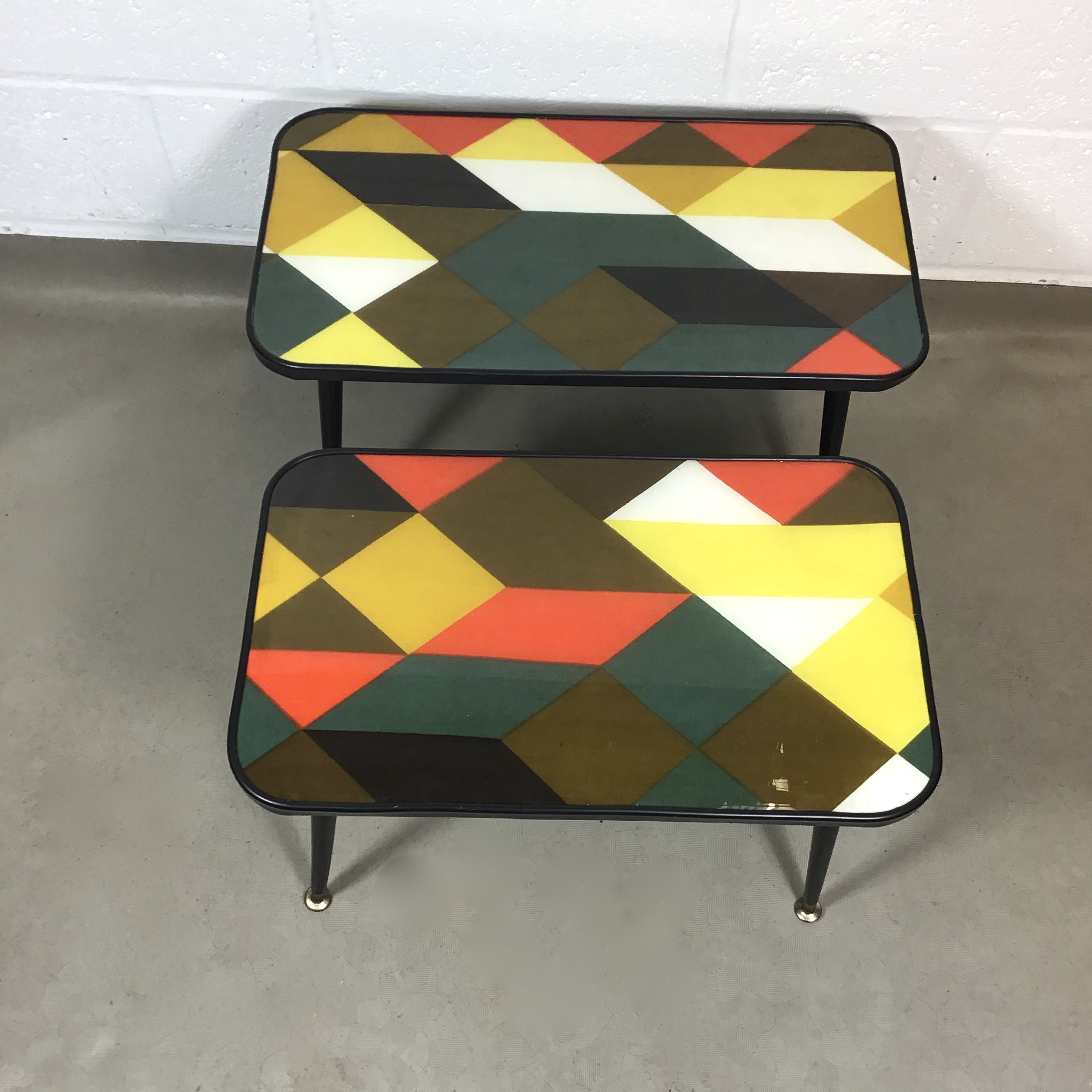 Two up-cycled coffee tables with original vintage David Whitehead geometric fabric. (sold separately, this is for large table) - Image 9