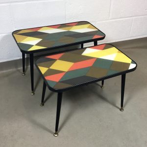Two up-cycled coffee tables with original vintage David Whitehead geometric fabric. (sold separately, this is for large table)