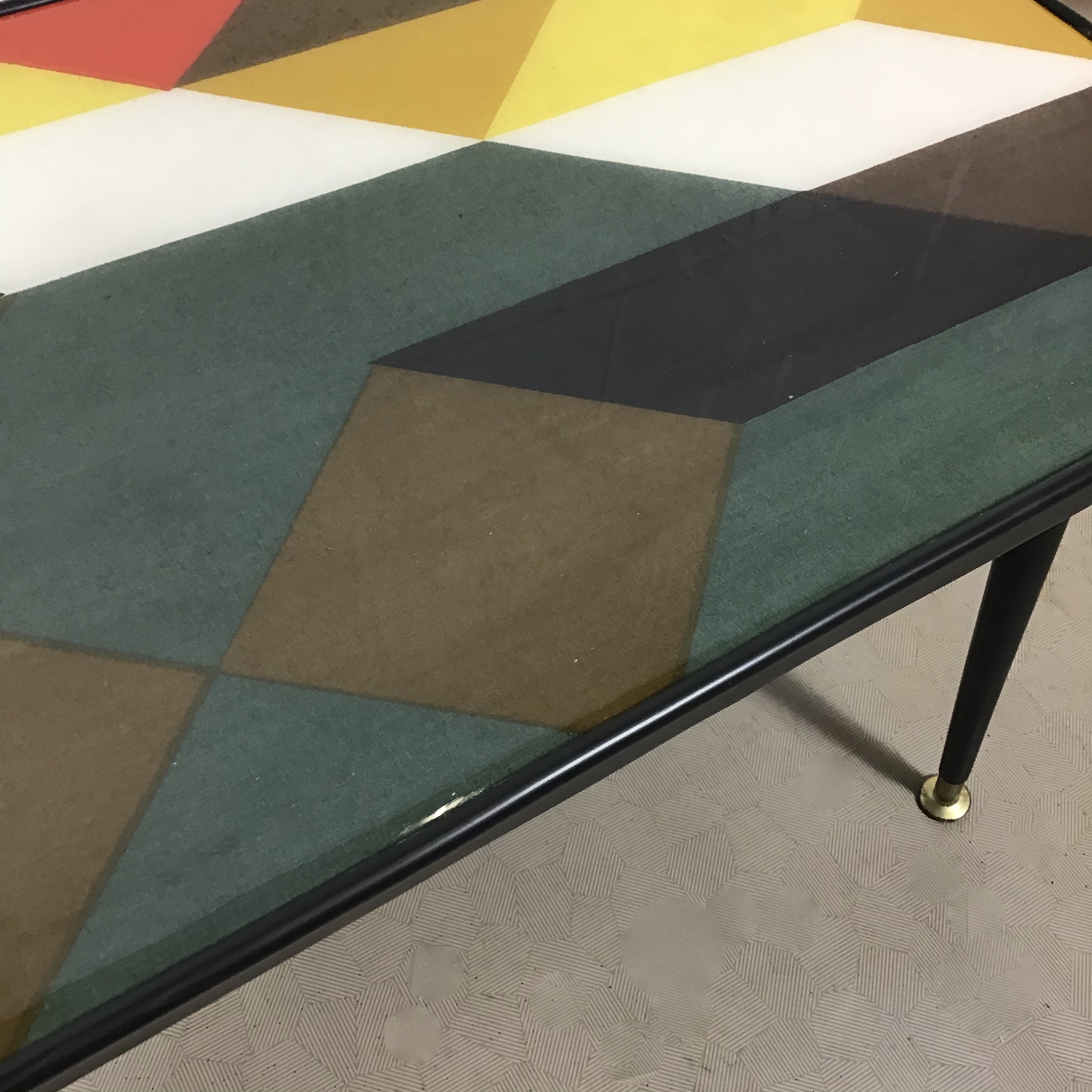 Two up-cycled coffee tables with original vintage David Whitehead geometric fabric. (sold separately, this is for large table) - Image 4