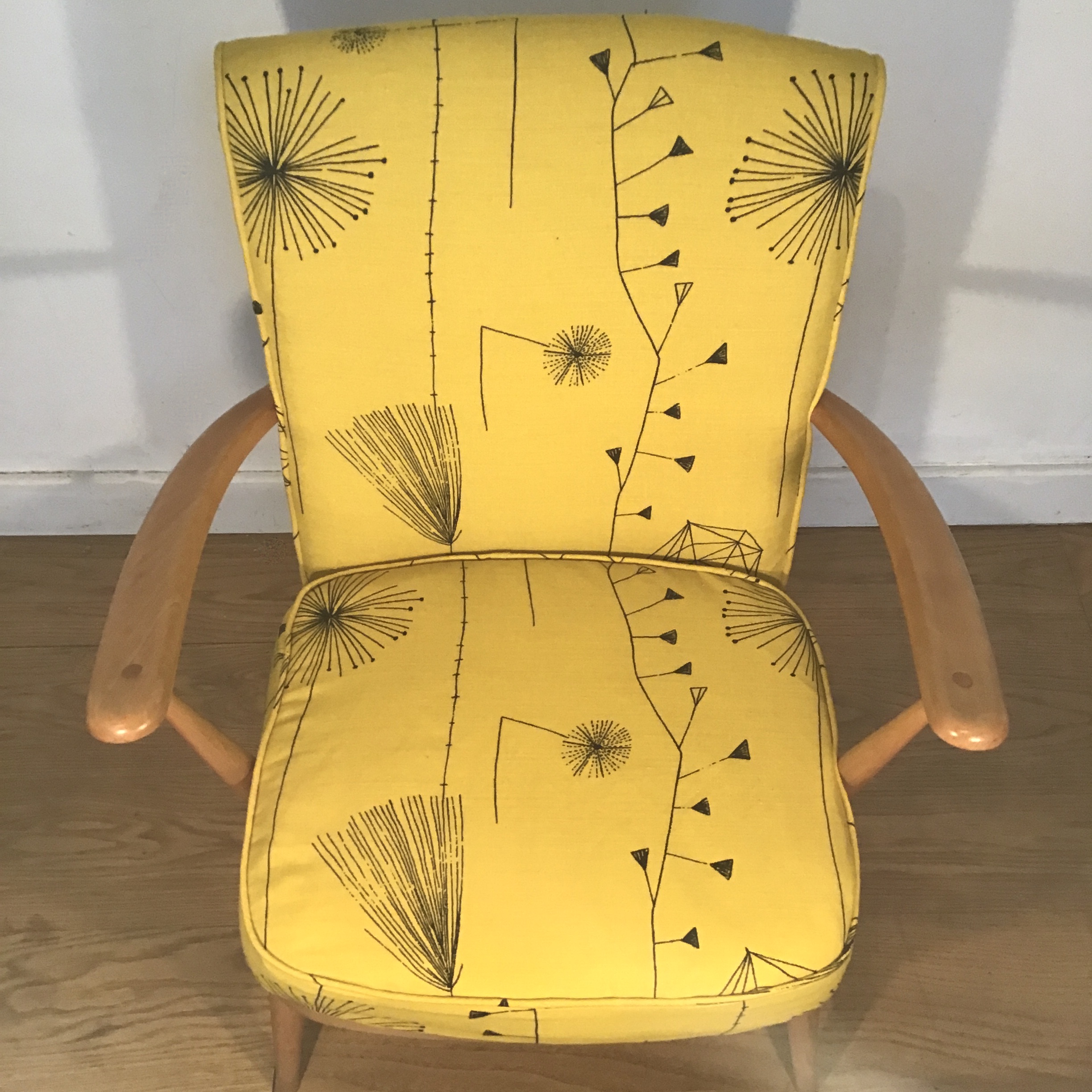 A 1950's No 248 Ercol chair reupholstered in Dandelion clocks by Lucienne day - Image 3