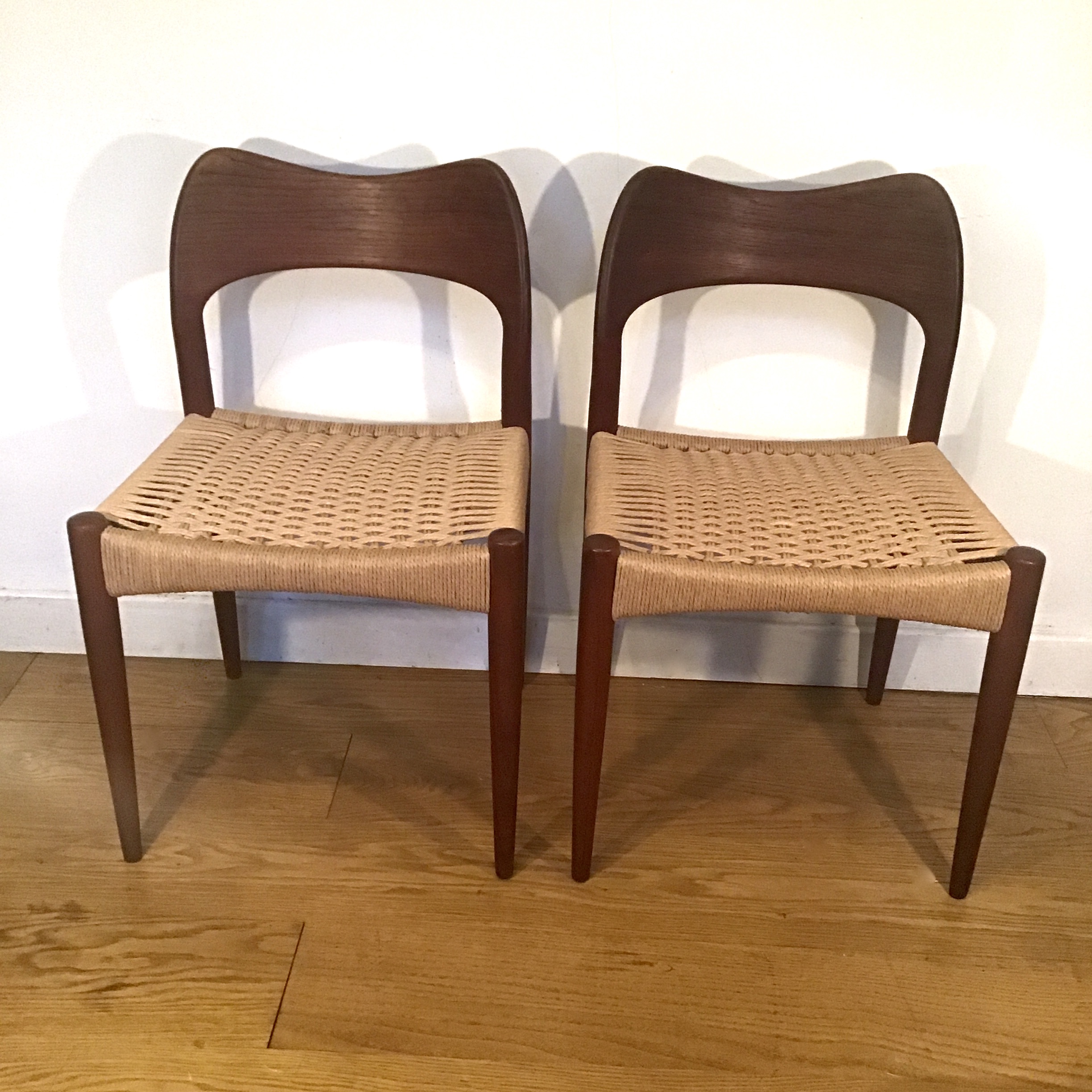 Two 1960s Danish Arne Hovmand Olsen for Mogens Kold danish cord teak chairs