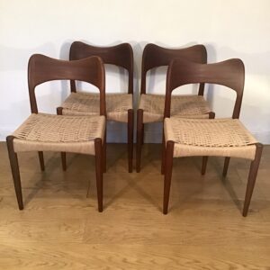 Four 1960s Danish Arne Hovmand Olsen for Mogens Kold danish cord teak chairs