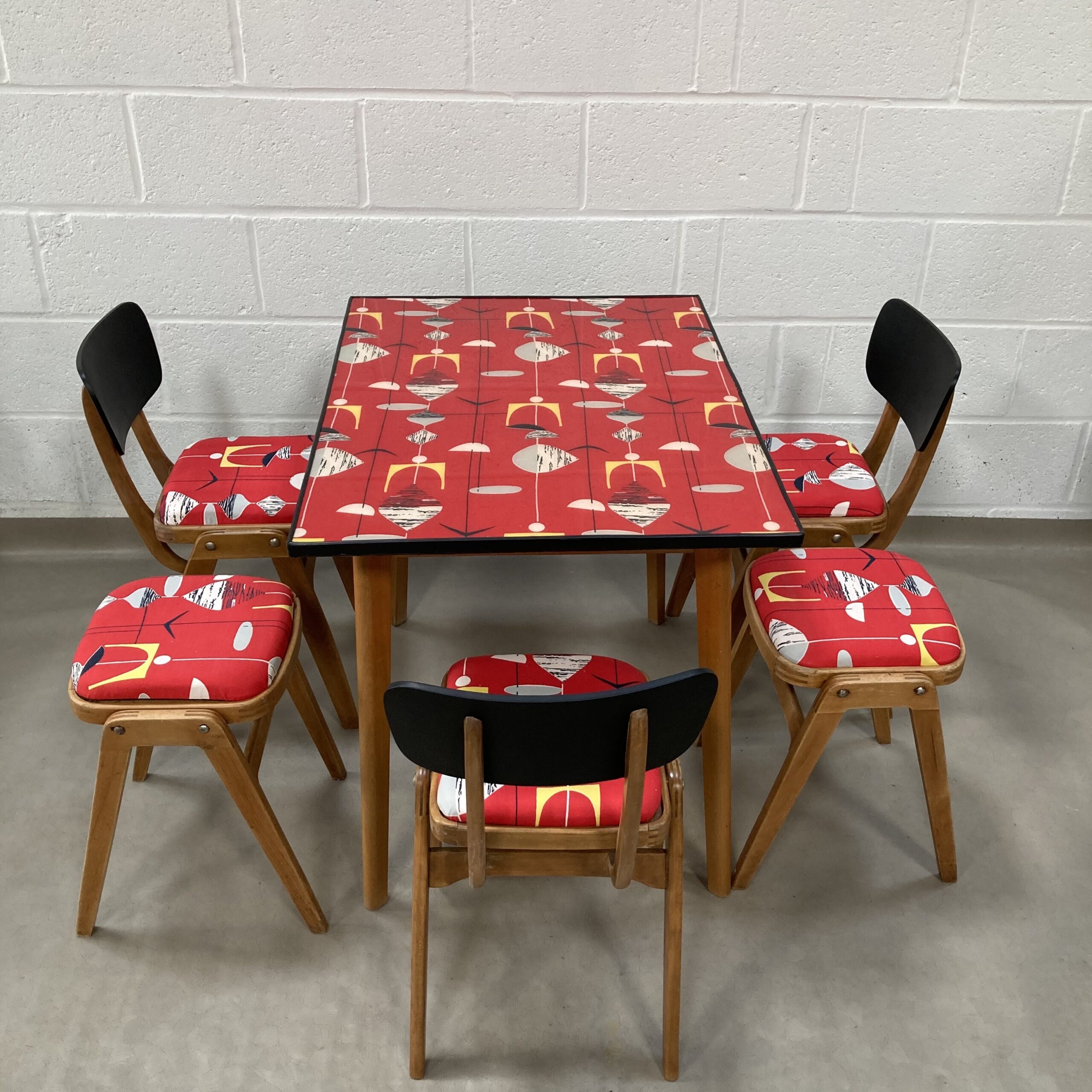 A lovely up-cycled midcentury kitchen dining set decorated in Sandersons Marion Mahler, Red mobiles - Image 10