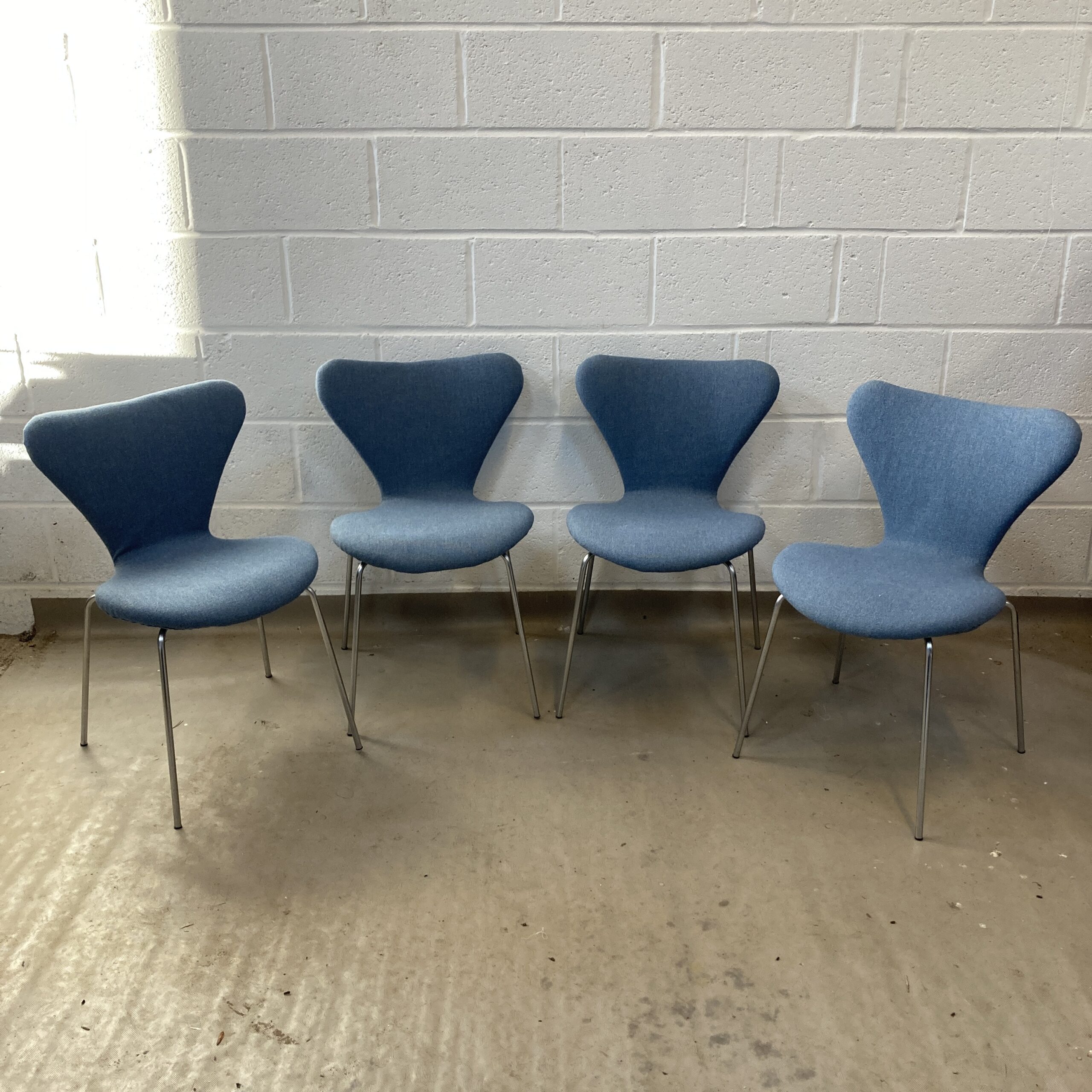 Set of 4 Arne Jacobson for Fritz Hansen 1970’s series 7 upholstered in blue