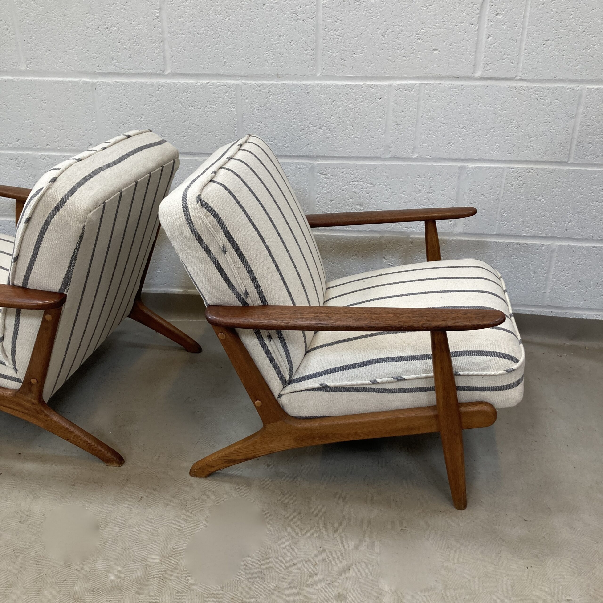A Pair of Danish Armchair reupholstered in a grey and ecru striped fabric called Mary. - Image 6