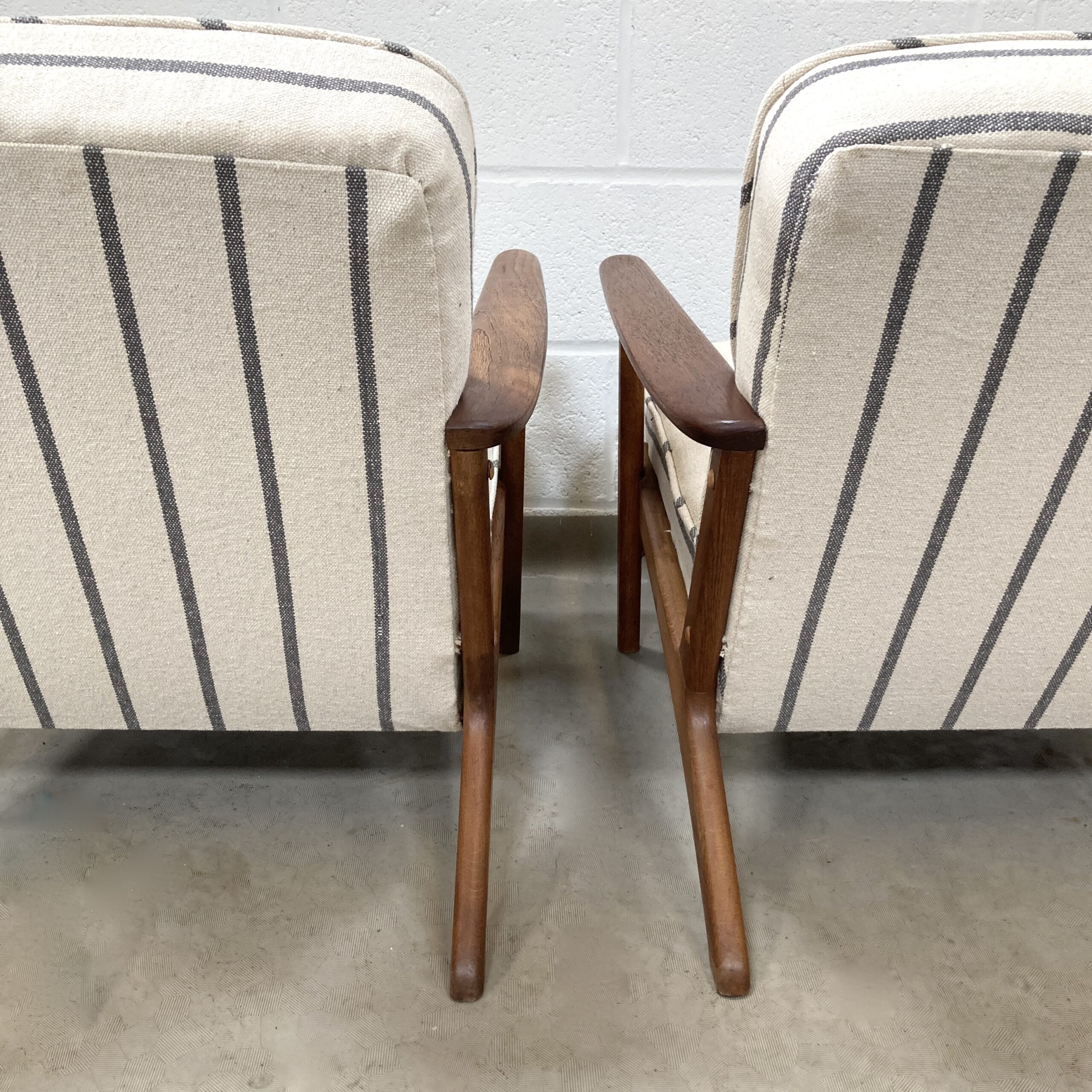 A Pair of Danish Armchair reupholstered in a grey and ecru striped fabric called Mary. - Image 10