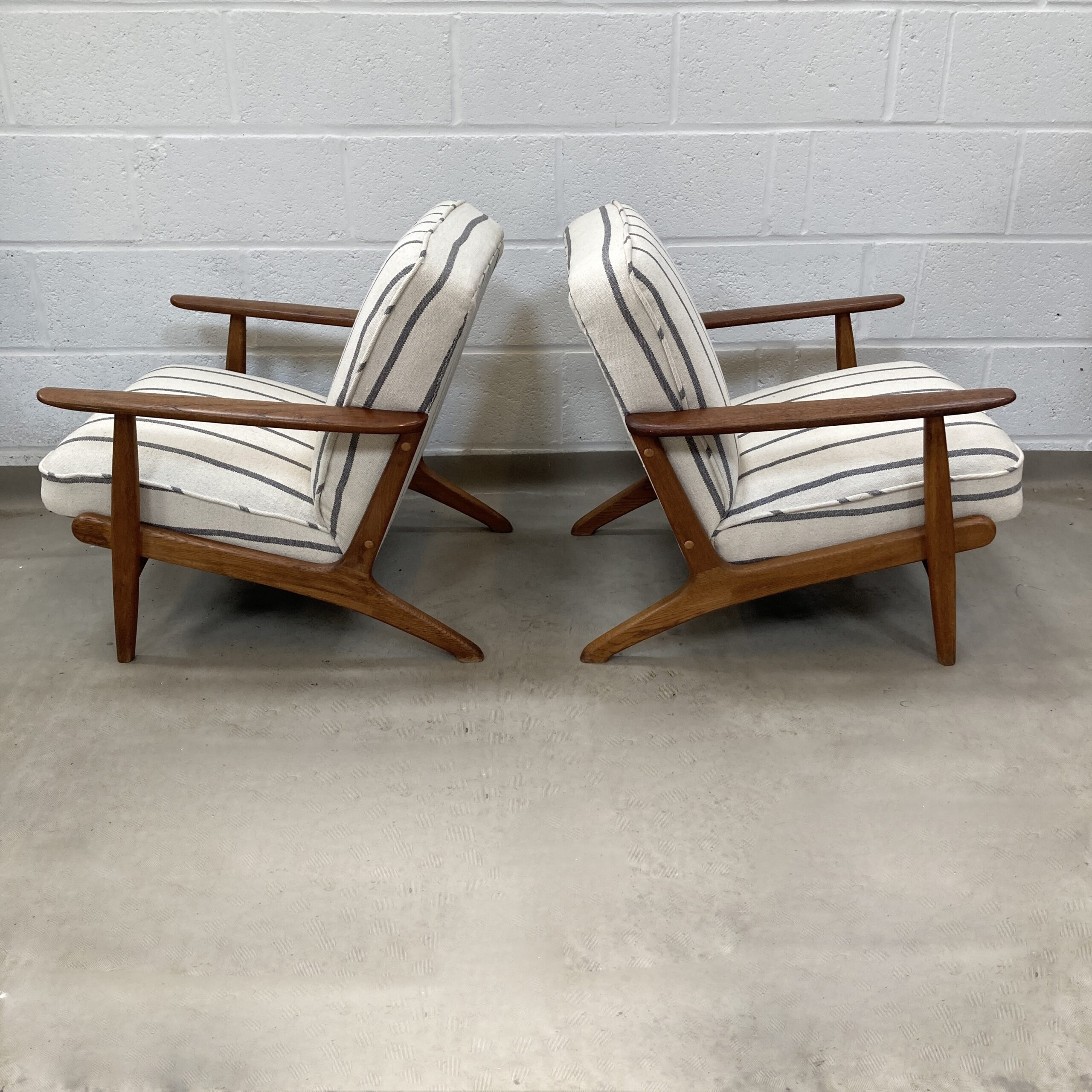 A Pair of Danish Armchair reupholstered in a grey and ecru striped fabric called Mary. - Image 9