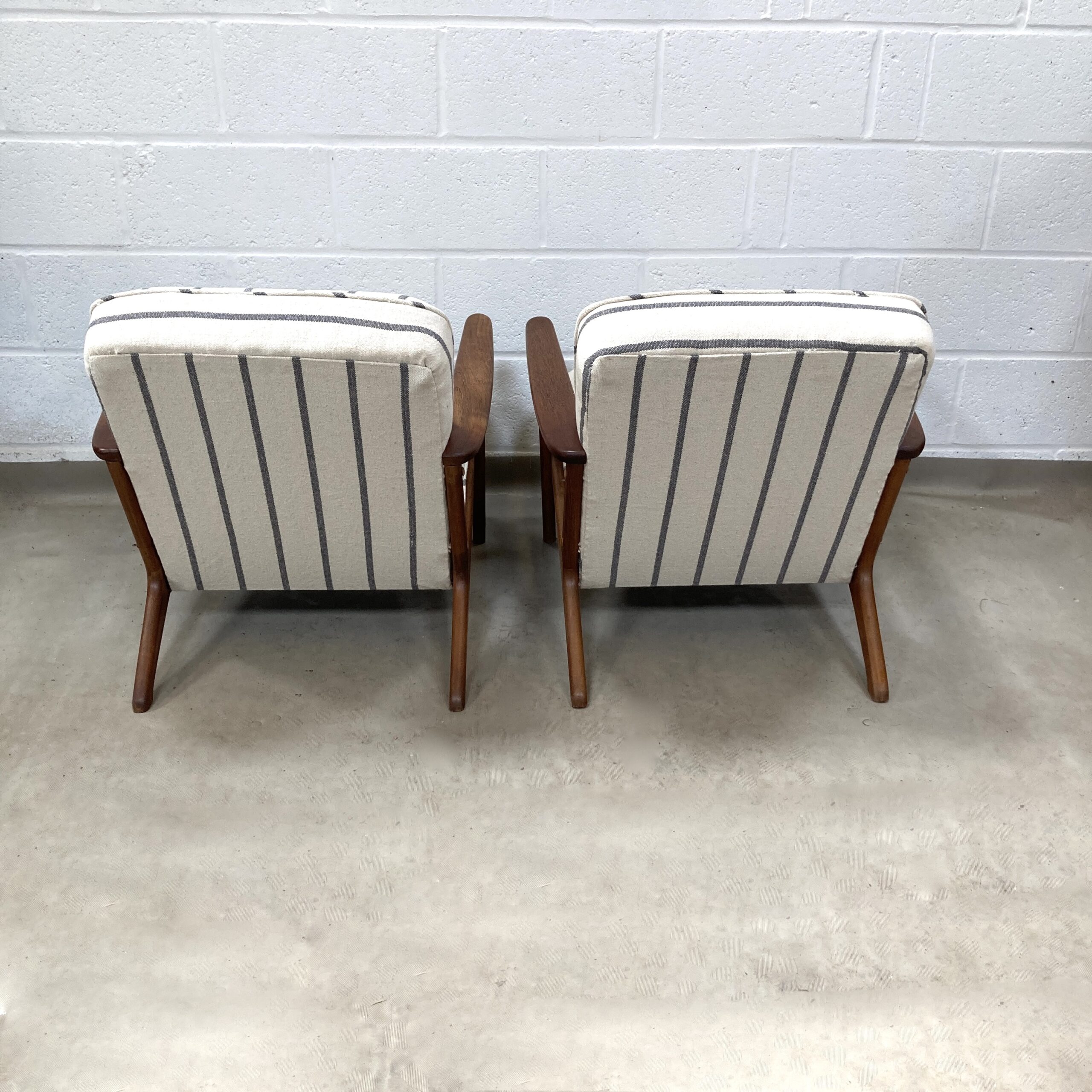 A Pair of Danish Armchair reupholstered in a grey and ecru striped fabric called Mary. - Image 11