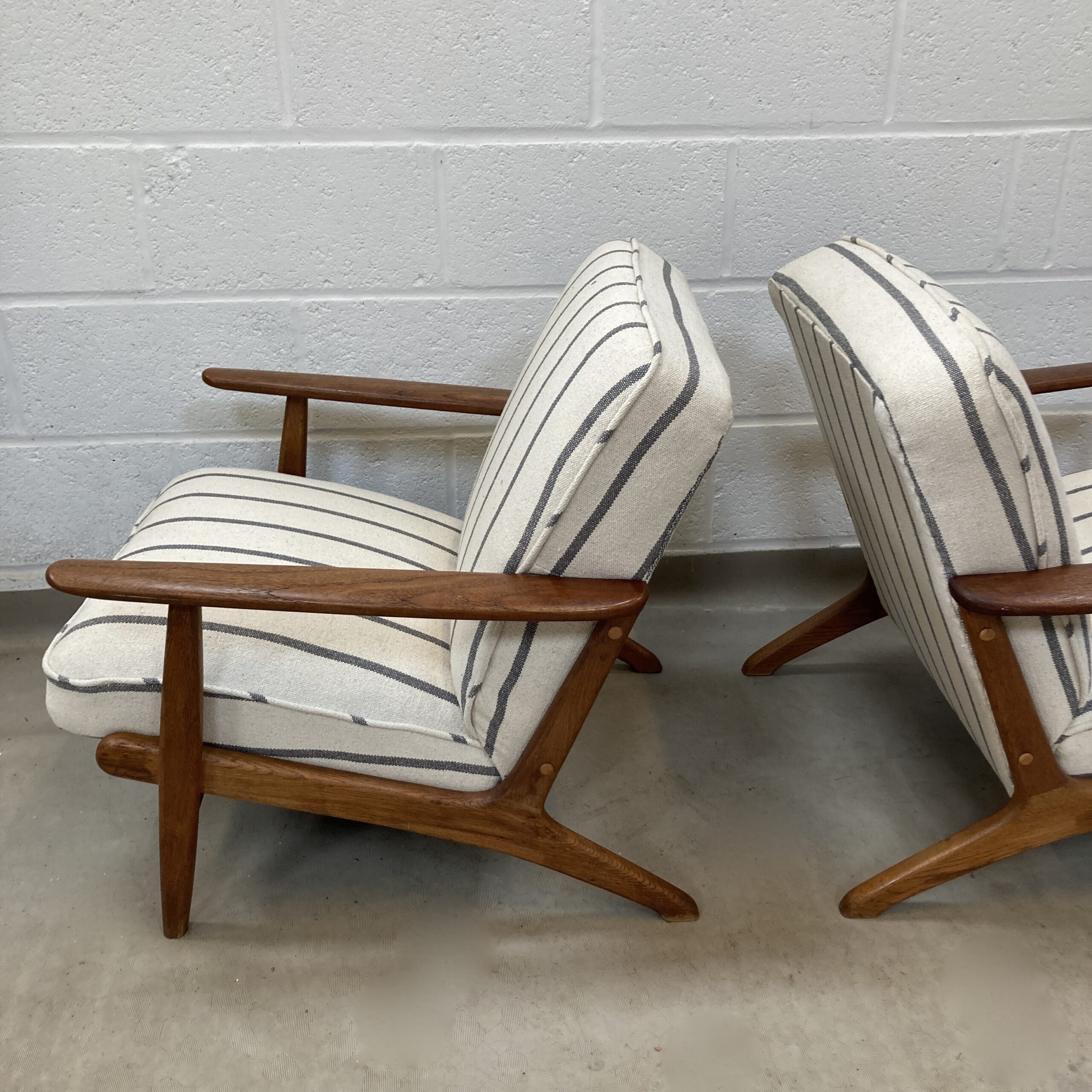 A Pair of Danish Armchair reupholstered in a grey and ecru striped fabric called Mary. - Image 7