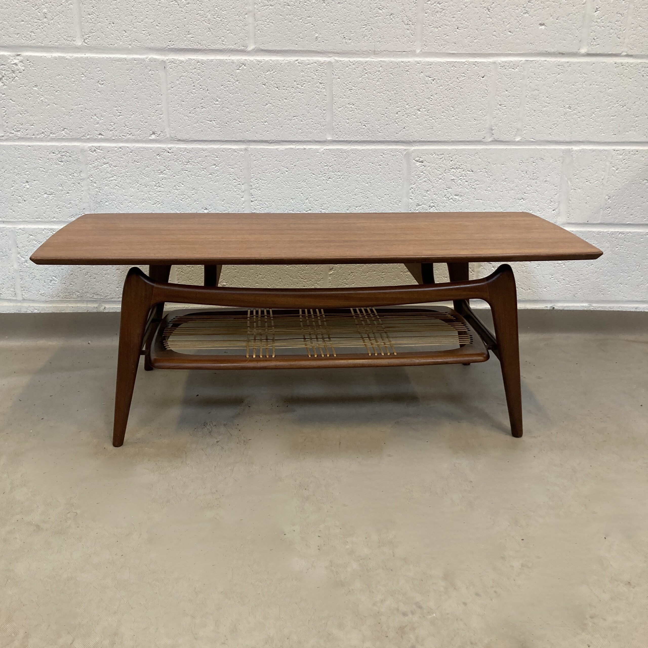 A 1950’s Louis Van Treefelen For WeBe Meubel Danish teak coffee table with cane woven magazine rack. - Image 4